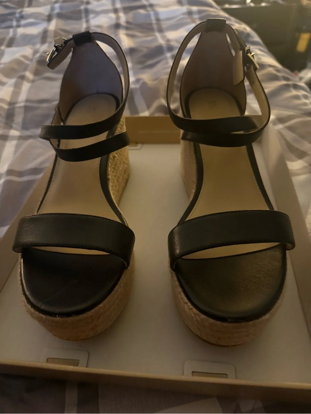 Michael Kors Black Leather Espadrille Wedge Sandals